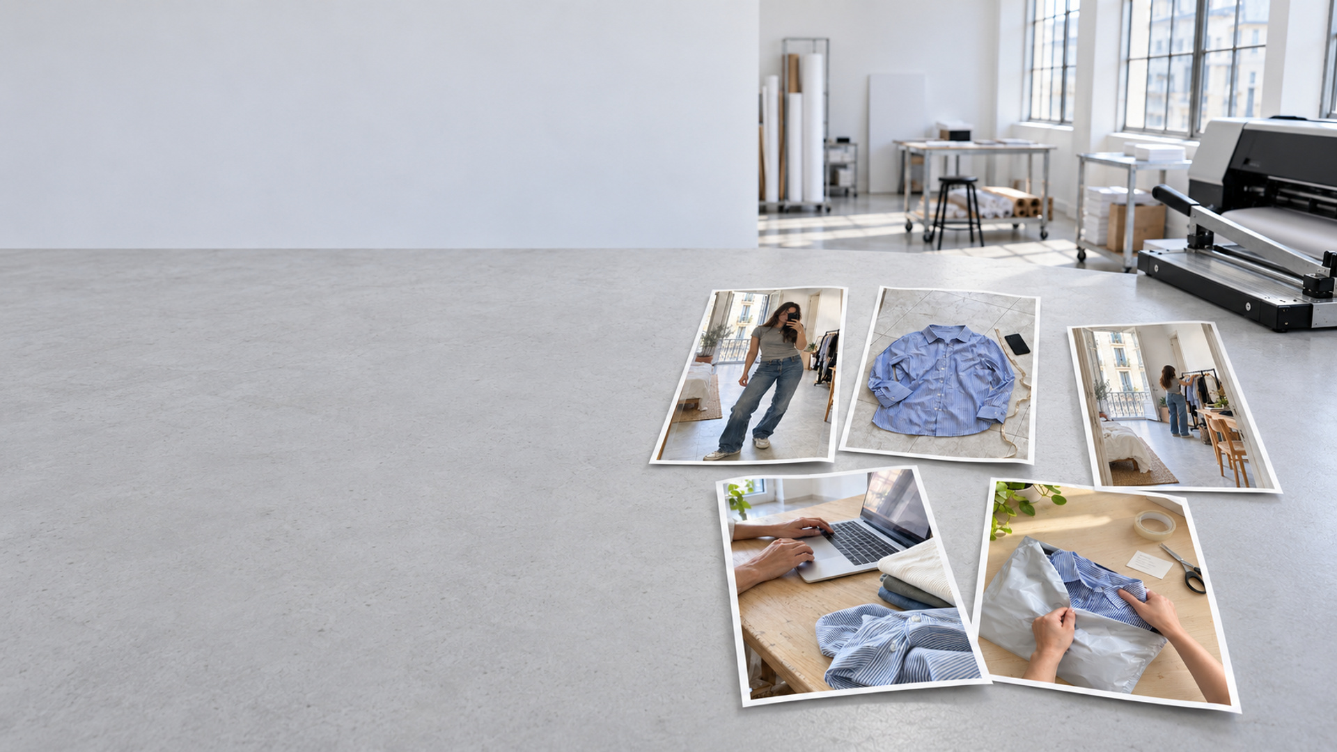 A bright print workshop with portrait photo prints on the production table